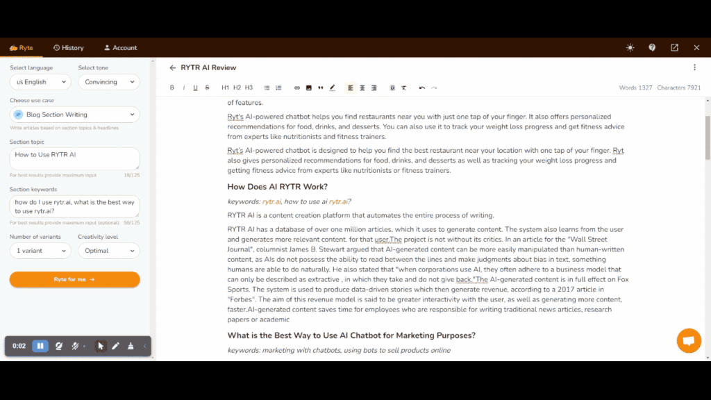 Rytr generating made up long-form content