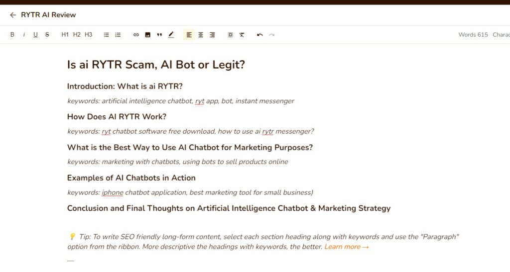 Rytr SEO Blog outline