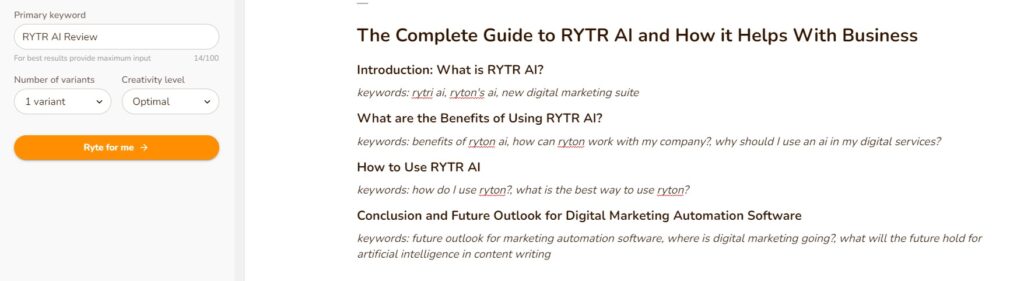 Rytr SEO Blog outline