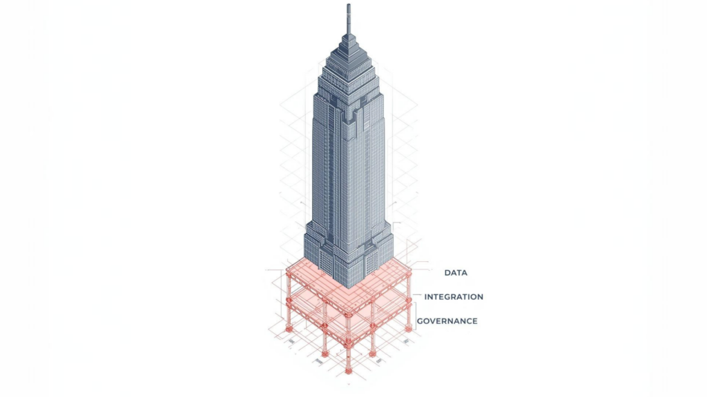 A skyscraper blueprint labeled “AI Transformation.” The top floors are polished and impressive. The foundation underneath is either thin and cracked or thick and reinforced with labeled beams: “Data,” “Integration,” “Governance.”